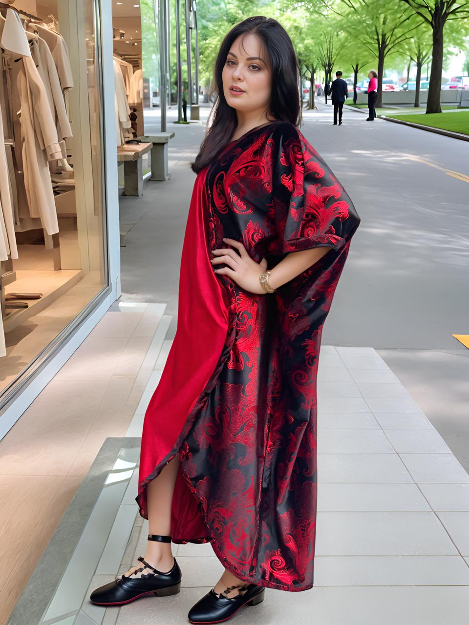 Elegant Red and Black Velvet Kaftan with Floral Patterns