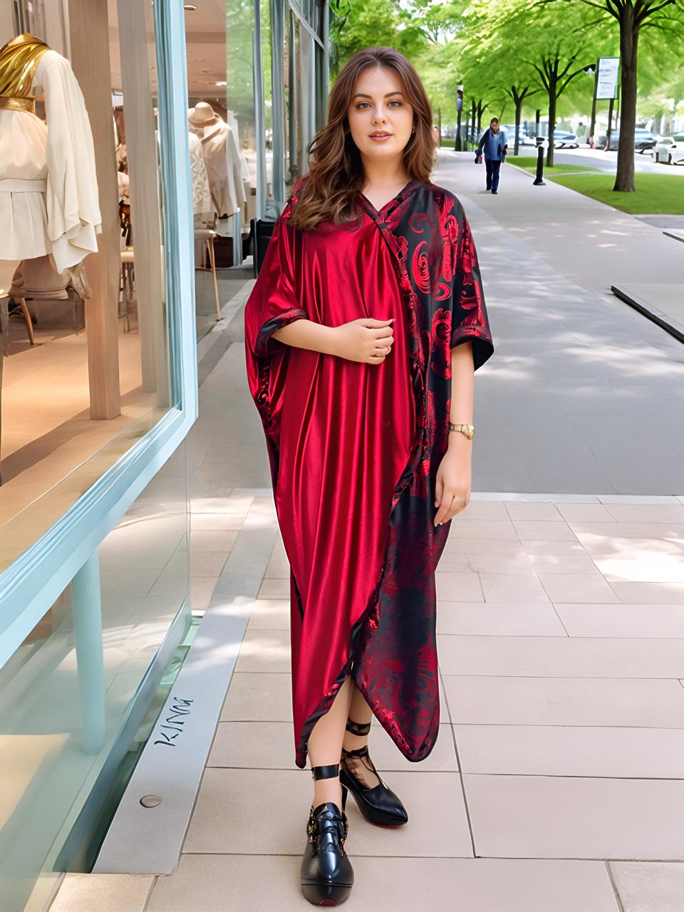 Elegant Red and Black Velvet Kaftan with Floral Patterns