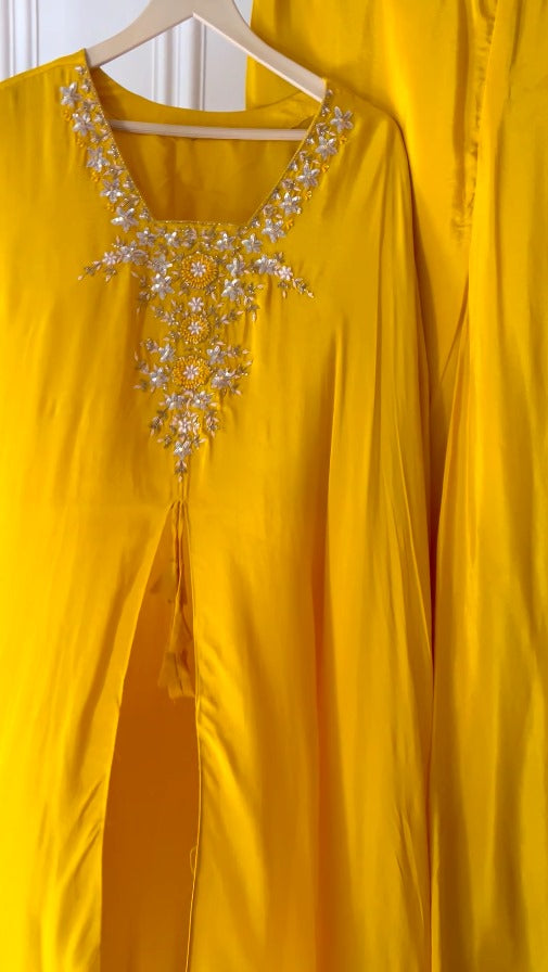 Mustard Georgette Satin co-ord set with tulip pant