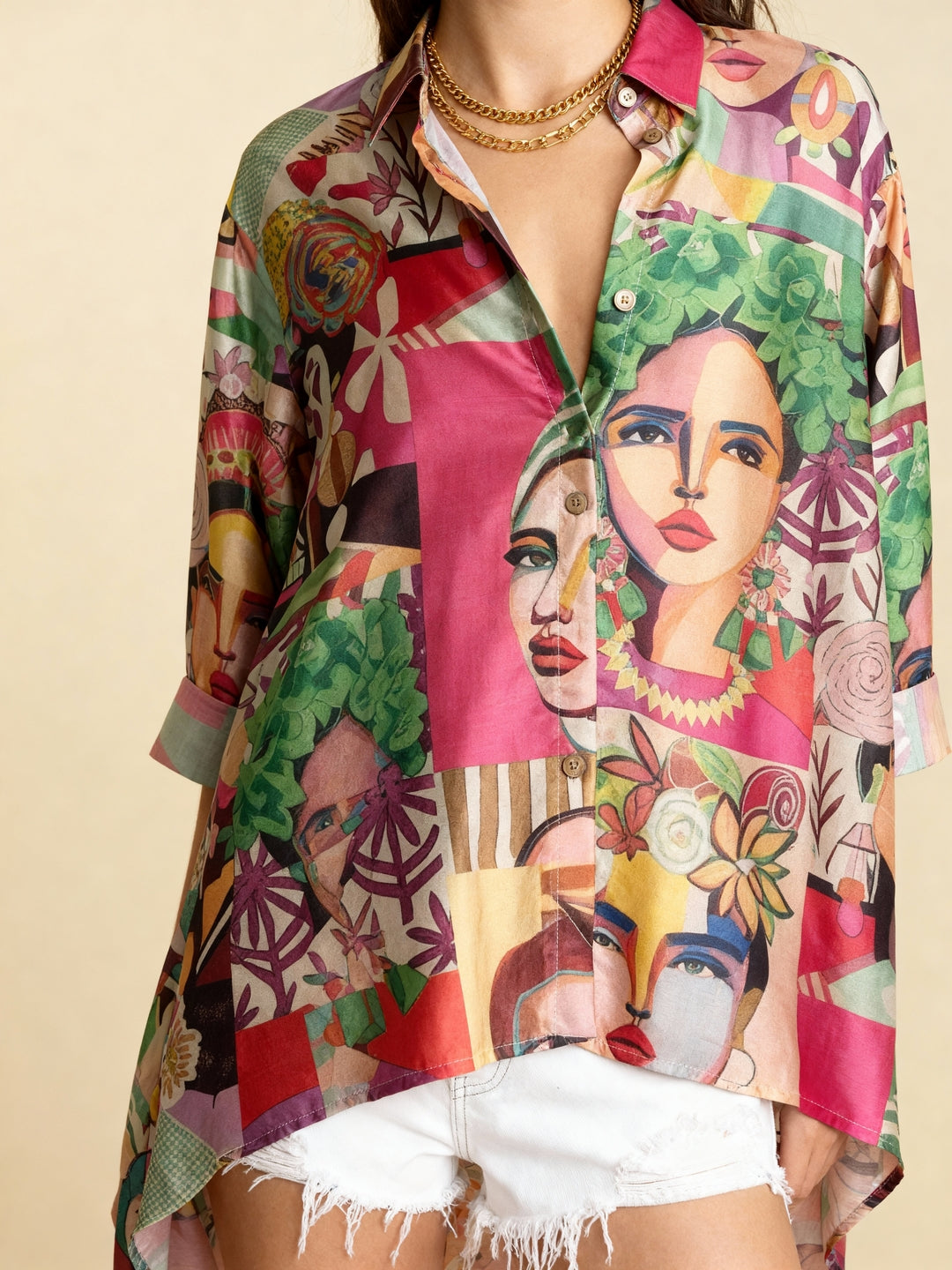 Vibrant Abstract Face Art Print Oversized Silk Shirt Dress for Women | Bohemian Loose Fit Button-Down Tunic