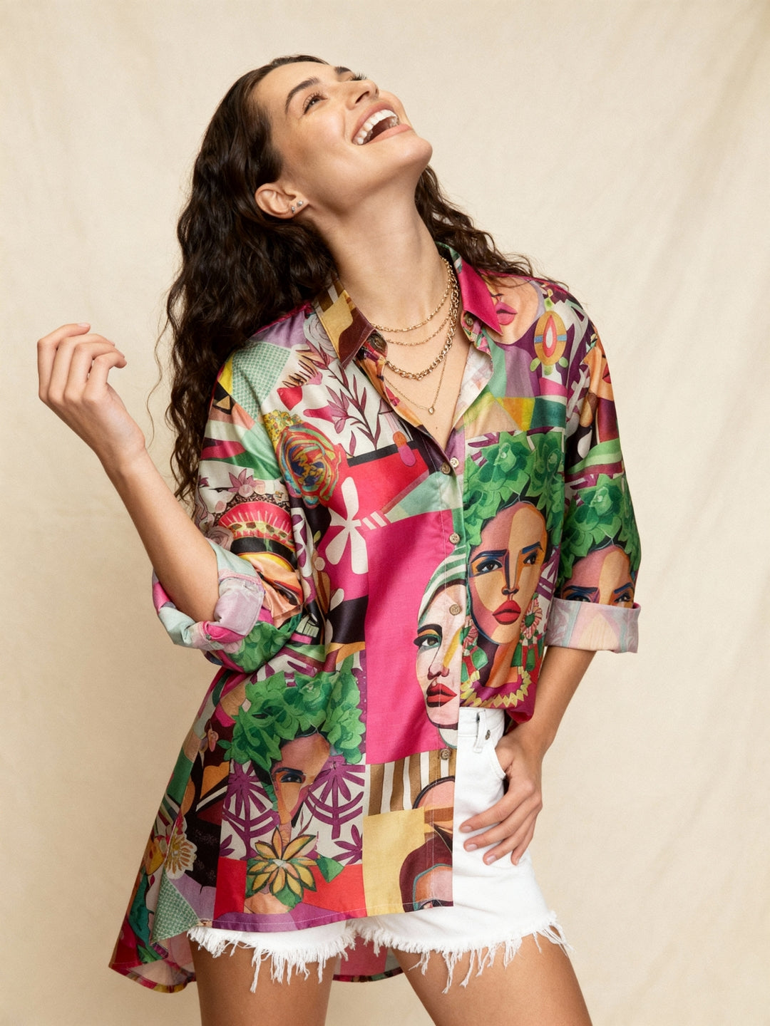 Vibrant Abstract Face Art Print Oversized Silk Shirt Dress for Women | Bohemian Loose Fit Button-Down Tunic