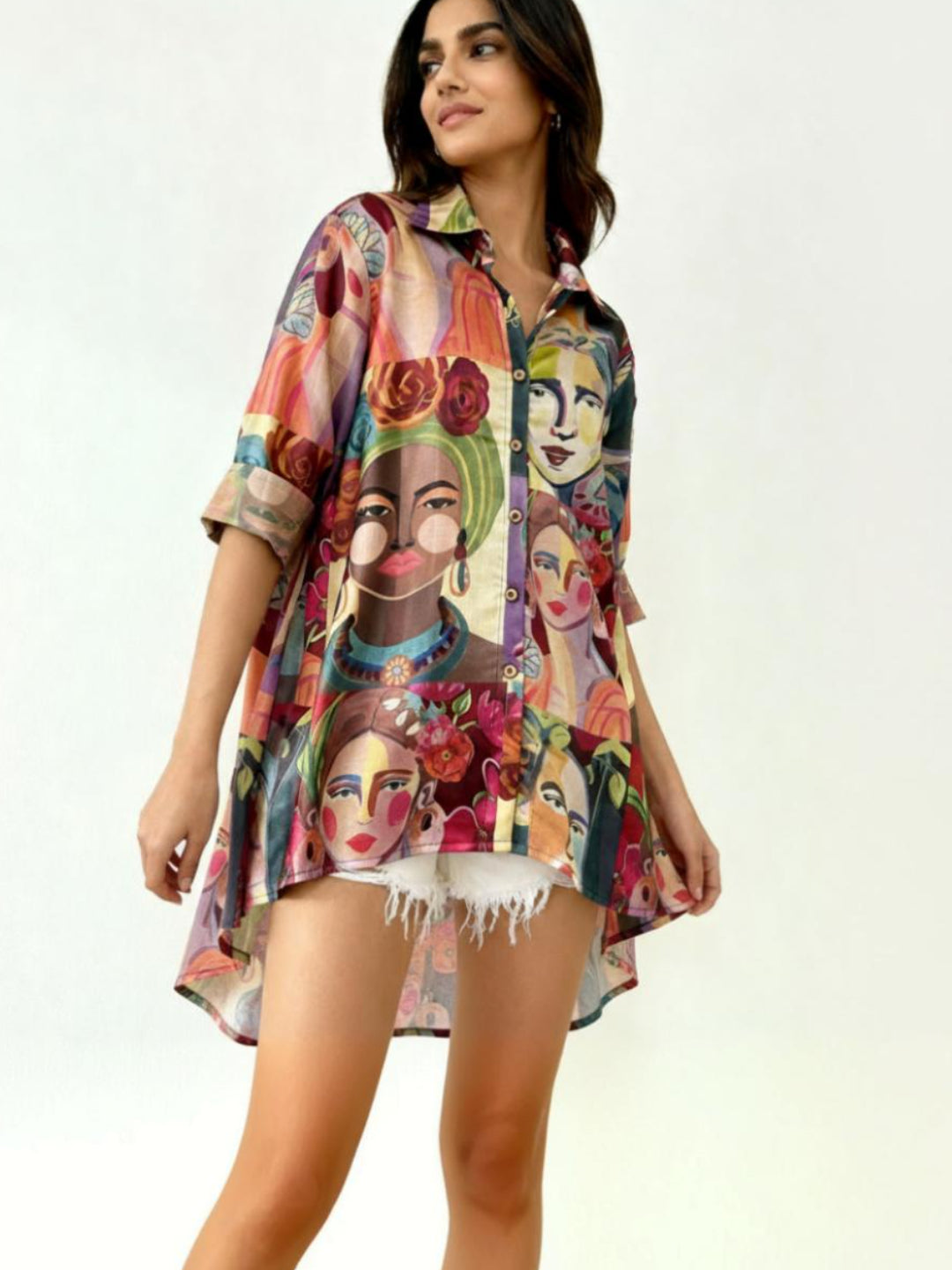 Vibrant Art Print Mango Silk High-Low Shirt