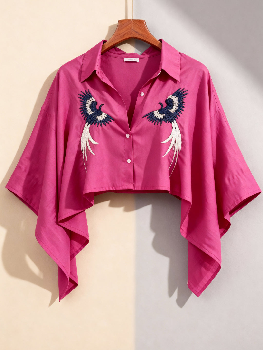 Women’s Fuchsia Pink Oversized Shirt with Embroidered Birds | Button-Down High-Low Kaftan Style Top for Casual & Party Wear