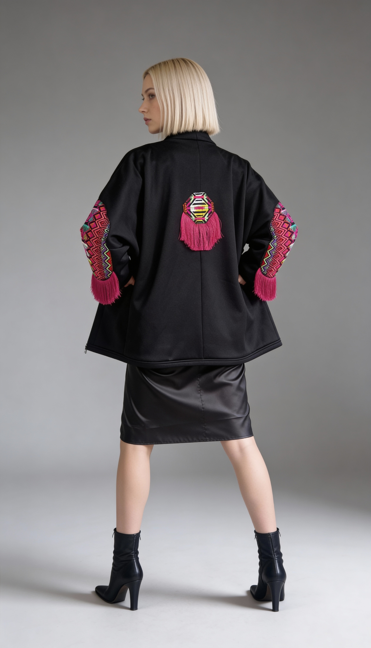 Black Embroidered Boho Shrug with Pink Fringe Sleeves