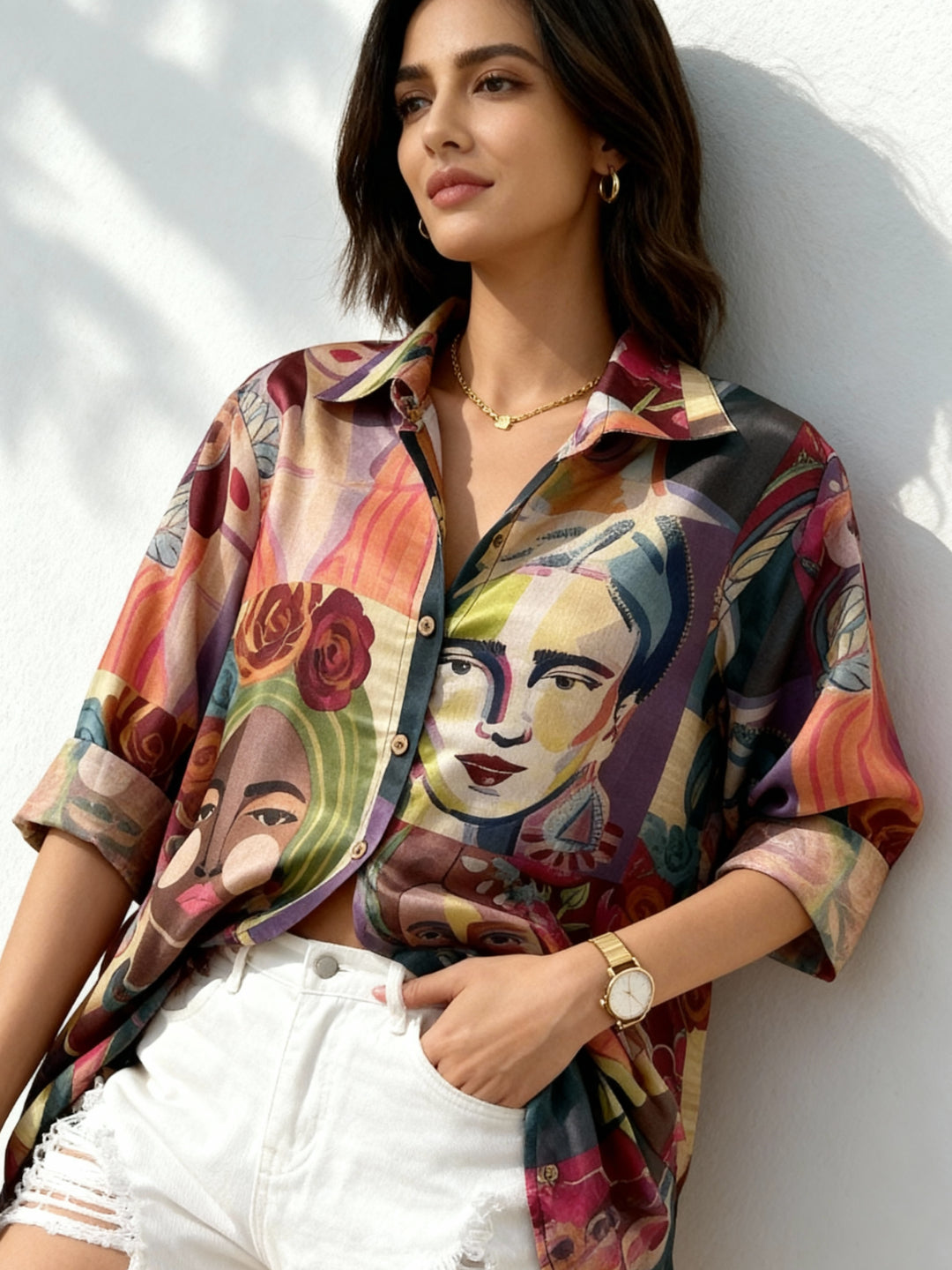 Vibrant Art Print Mango Silk High-Low Shirt