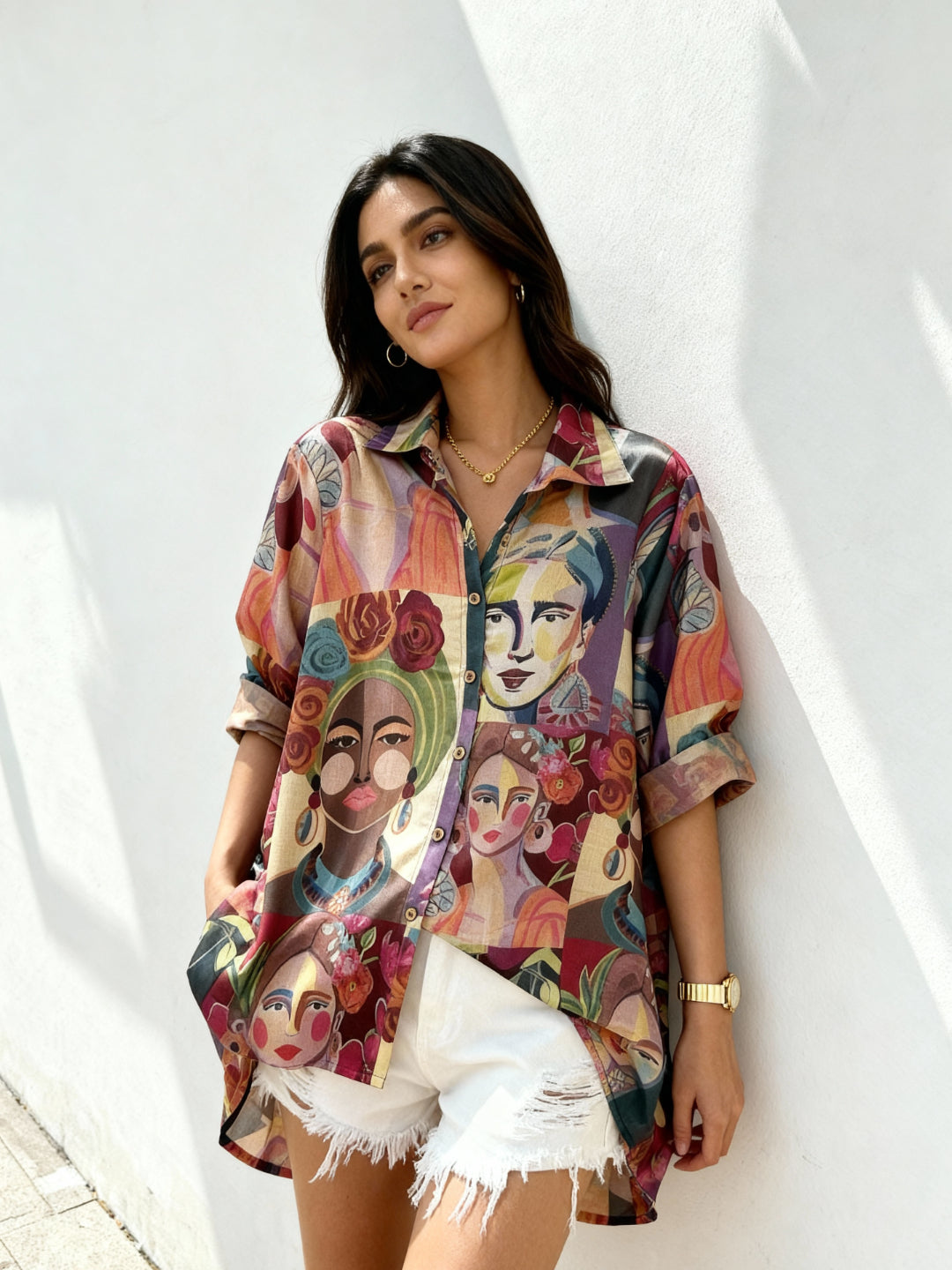 Vibrant Art Print Mango Silk High-Low Shirt