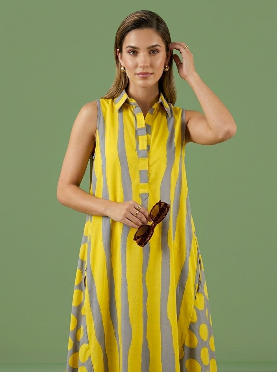 Yellow & Grey Abstract Stripe and Polka Dot Print Sleeveless Maxi Dress