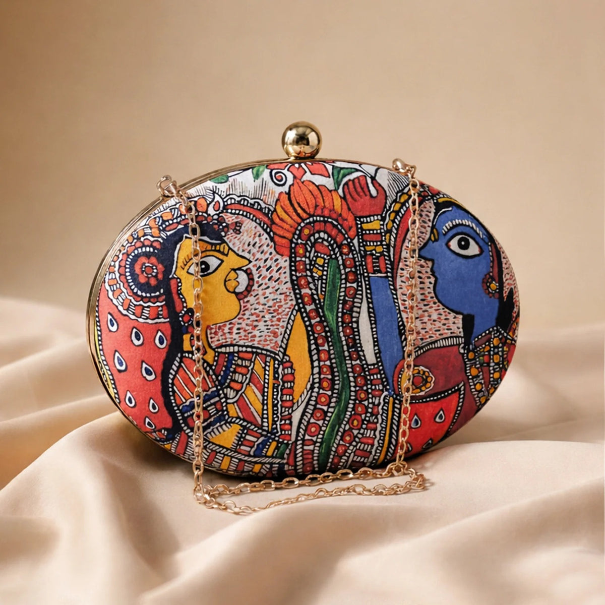 Multicolour Madhubani Art Printed Oval Box Clutch with Golden Chain