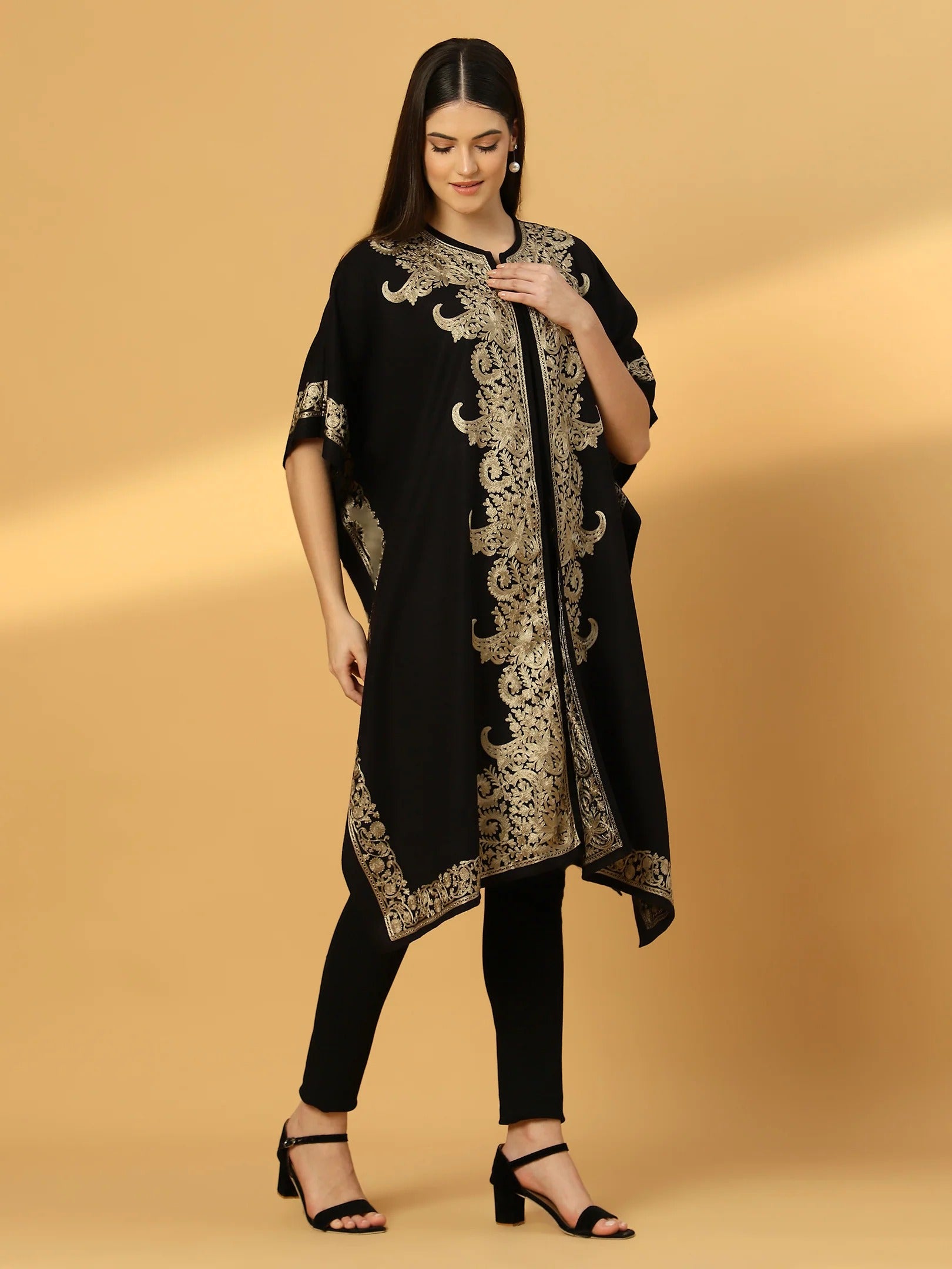 Floral Embroidery Black Pheran Shrug