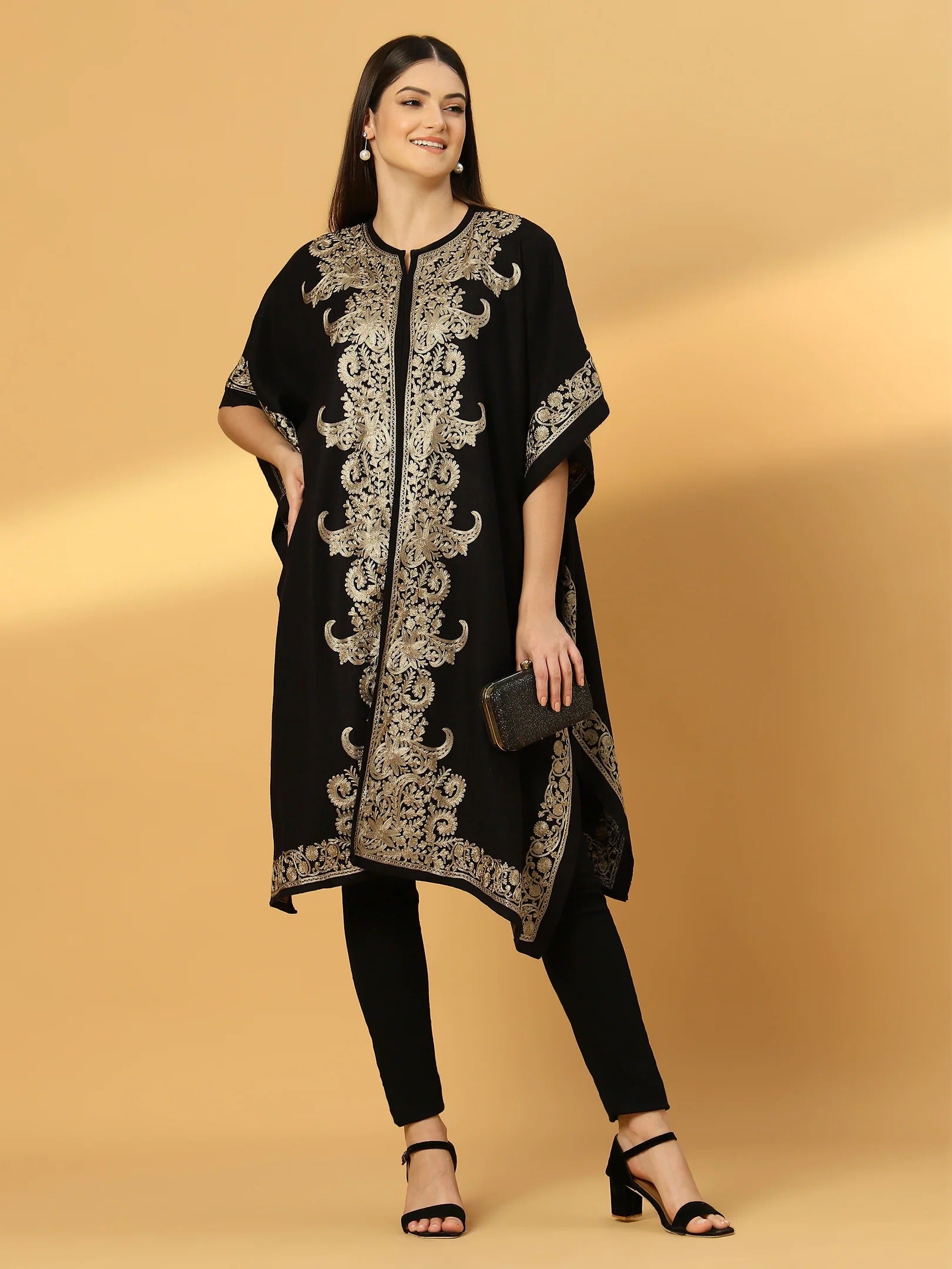 Floral Embroidery Black Pheran Shrug