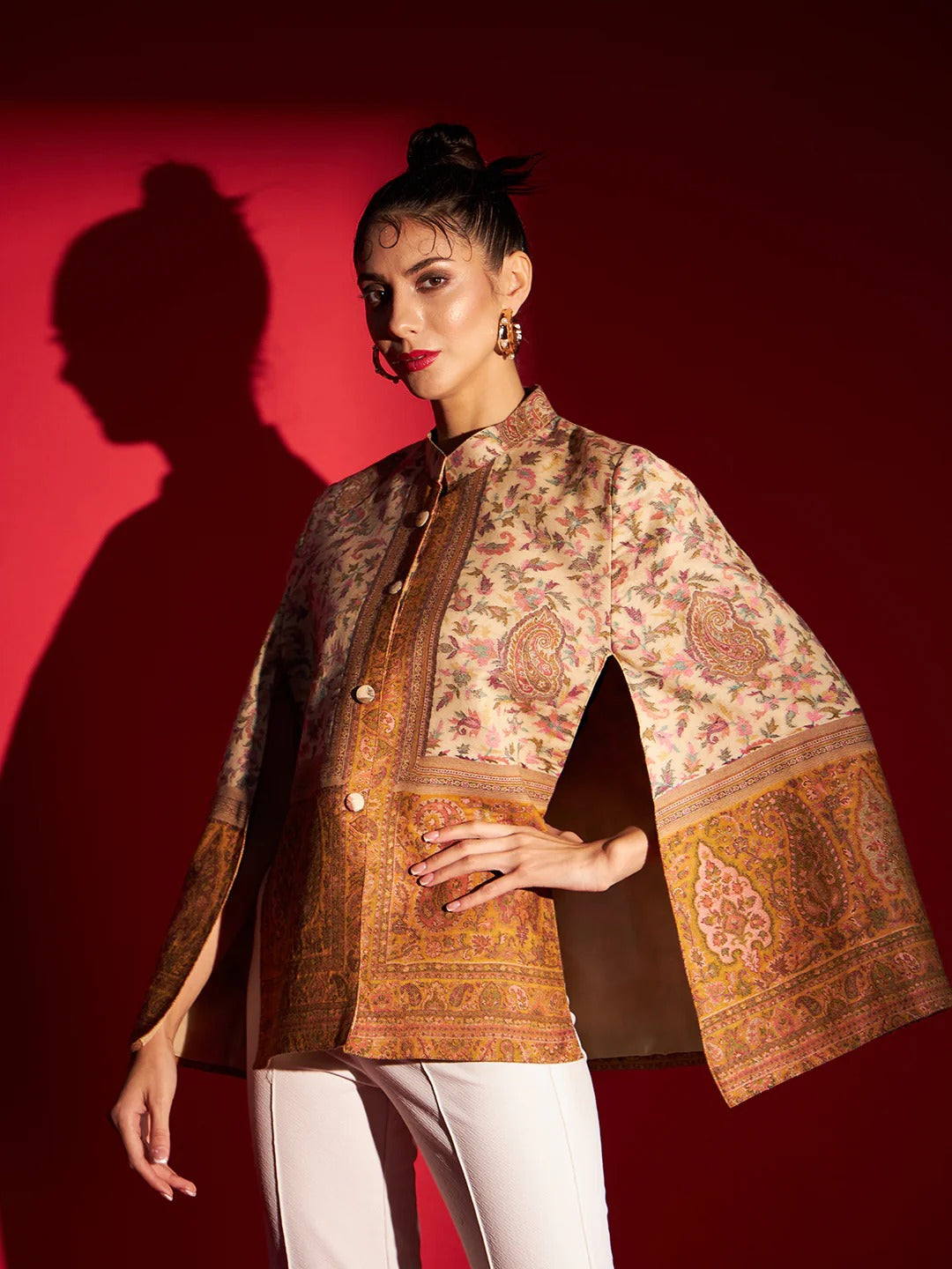 Woven Designer Luxury Cape Jacket for Women | Cream Mustard