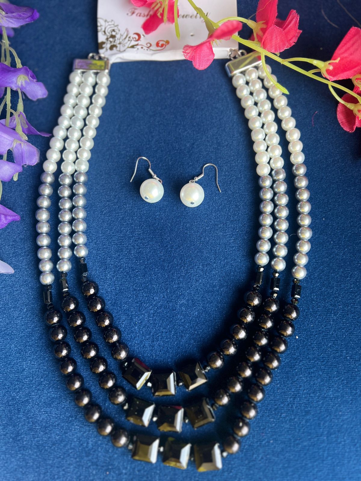 Three Layer White grey & Black Pearl Necklace