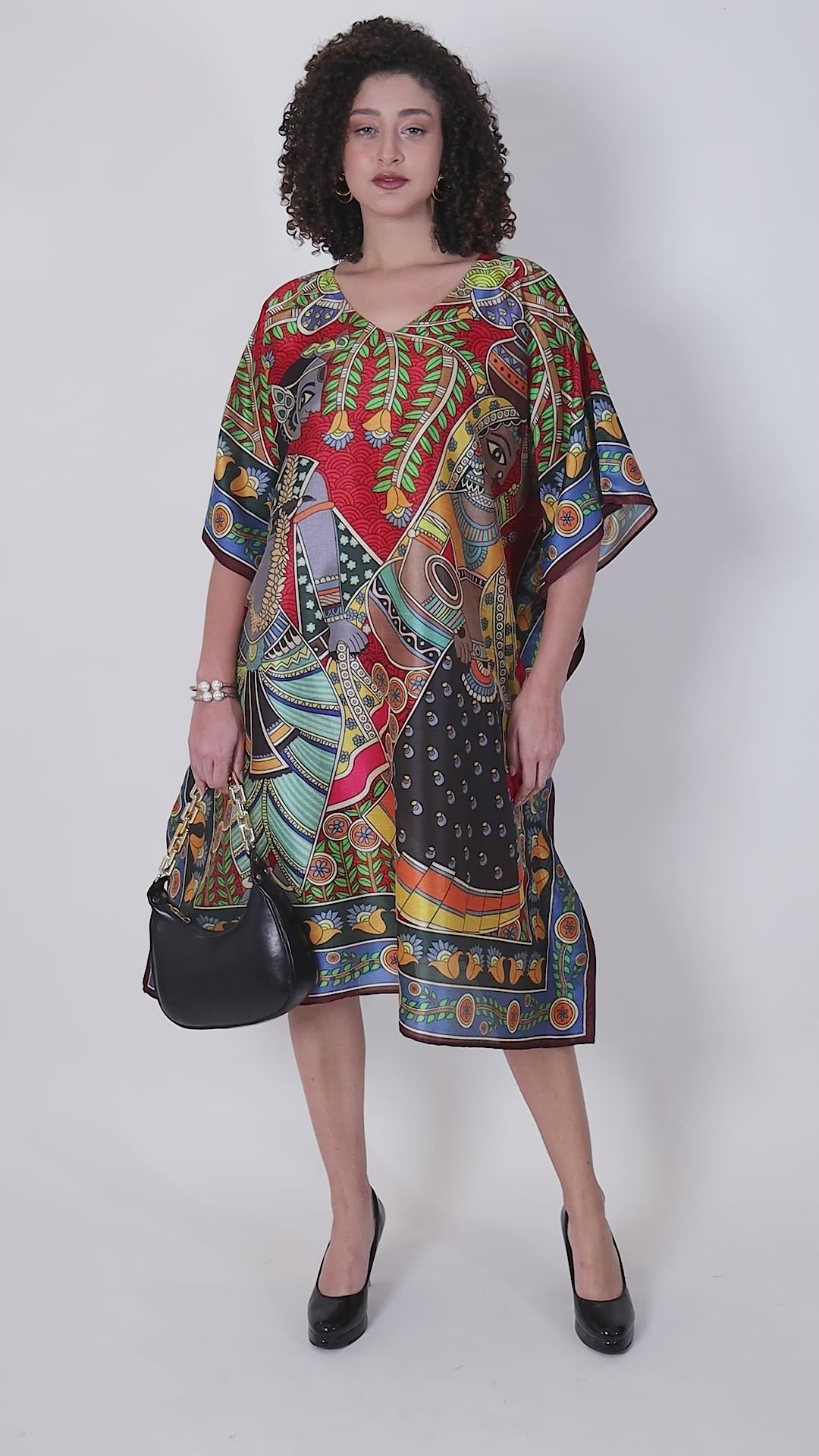 Madhubani Printed Stitched Kaftan Top : Maroon Red Viscose Silk, Calf Length, Free Size - Stylish & Chic for Women