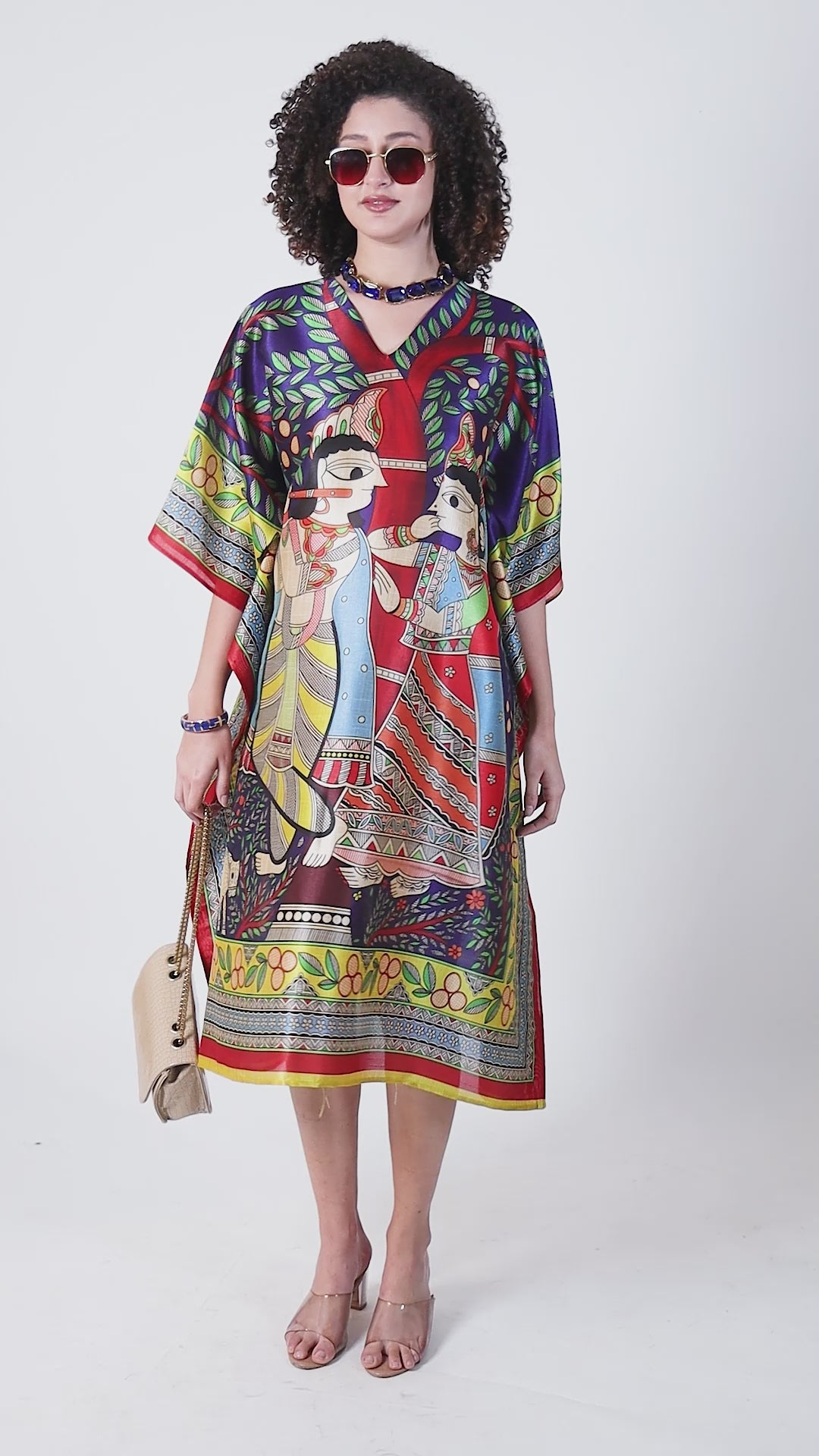 Madhubani Printed Stitched Kaftan: Bright blue, Viscose Silk, Calf Length, Free Size - Stylish & Chic for Women