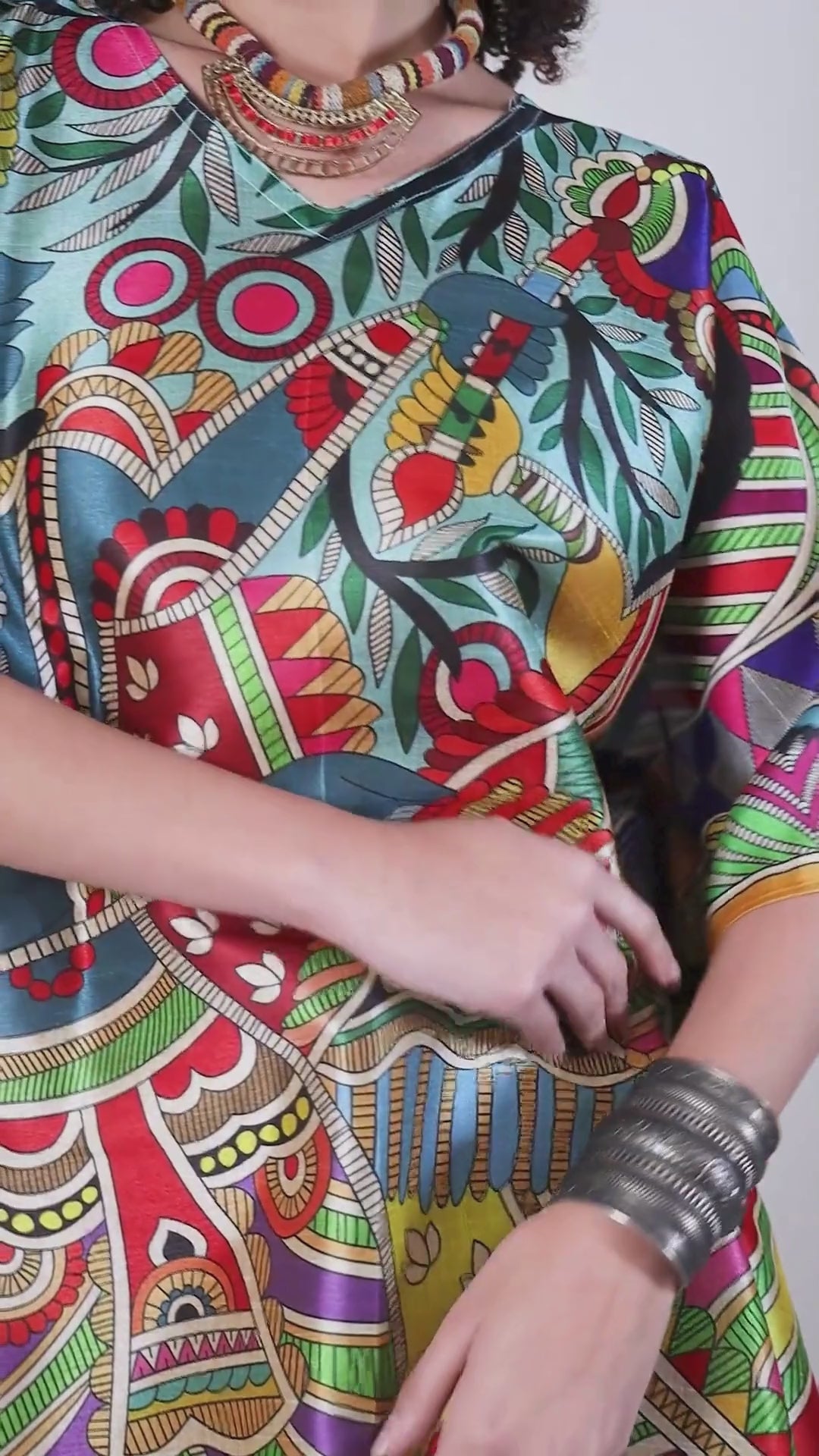 PIAAH Madhubani Printed Designer Kaftan: Fountain Blue Base, Viscose Silk, Calf Length, Free Size - Stylish & Chic for Women