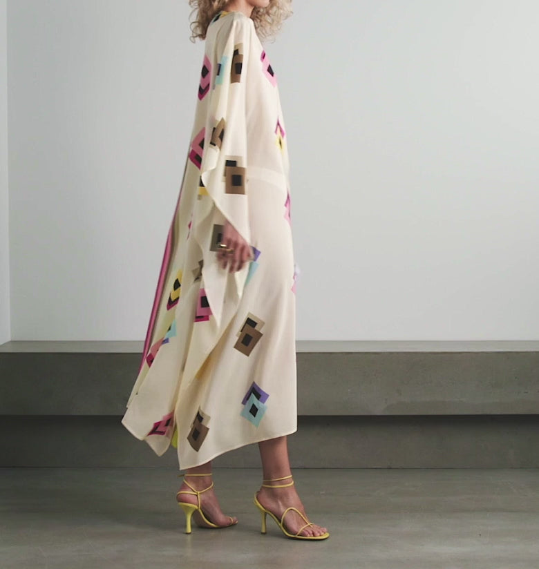 Multicolor Boat Neck Style Free Size Kaftan