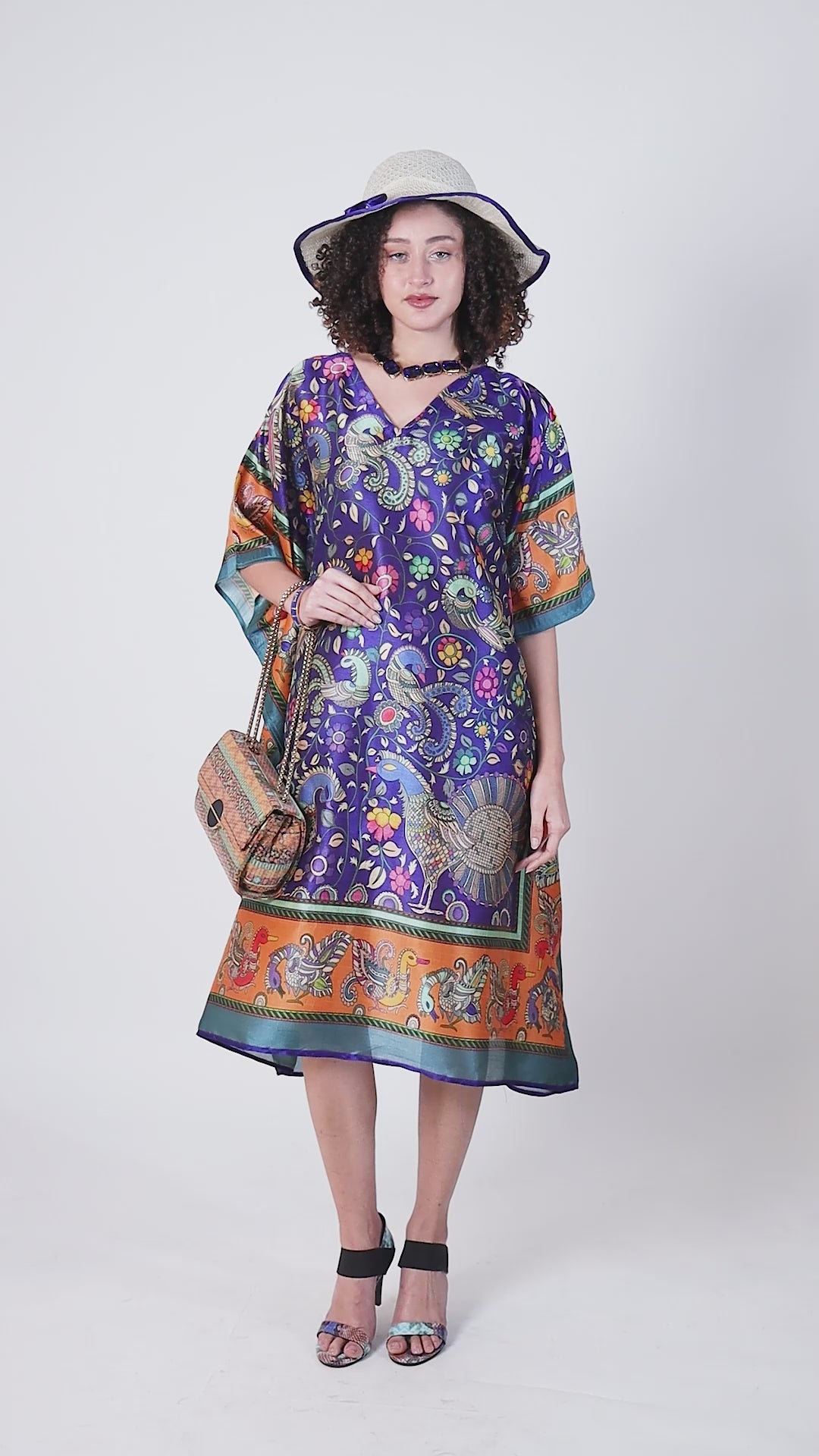 Madhubani Printed Stitched Top Kaftan: Indigo Blue Viscose Silk, Calf Length, Free Size - Stylish & Chic for Women