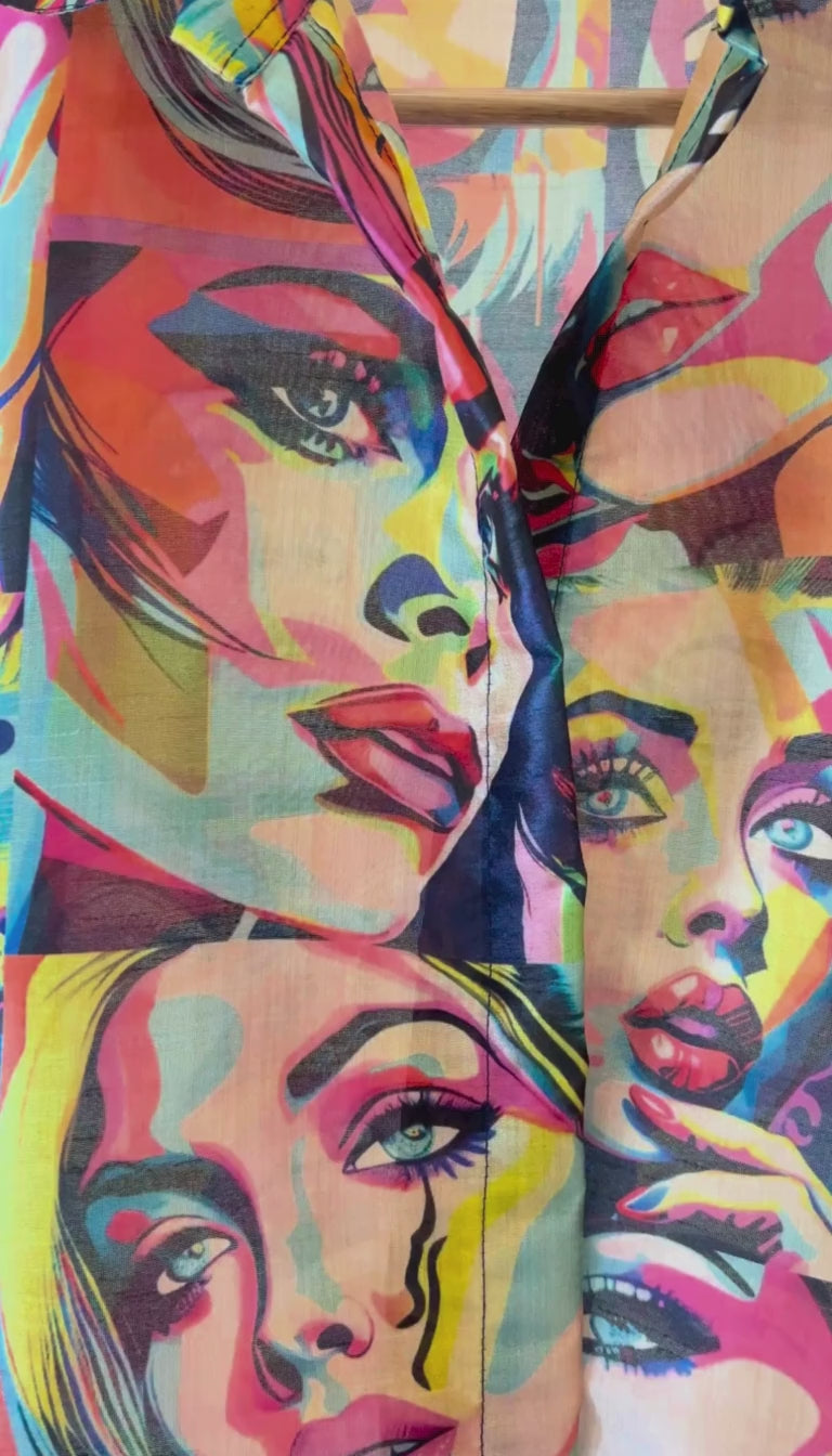 Vibrant Pop Art Face Print Oversized Button-Up Shirt for Women