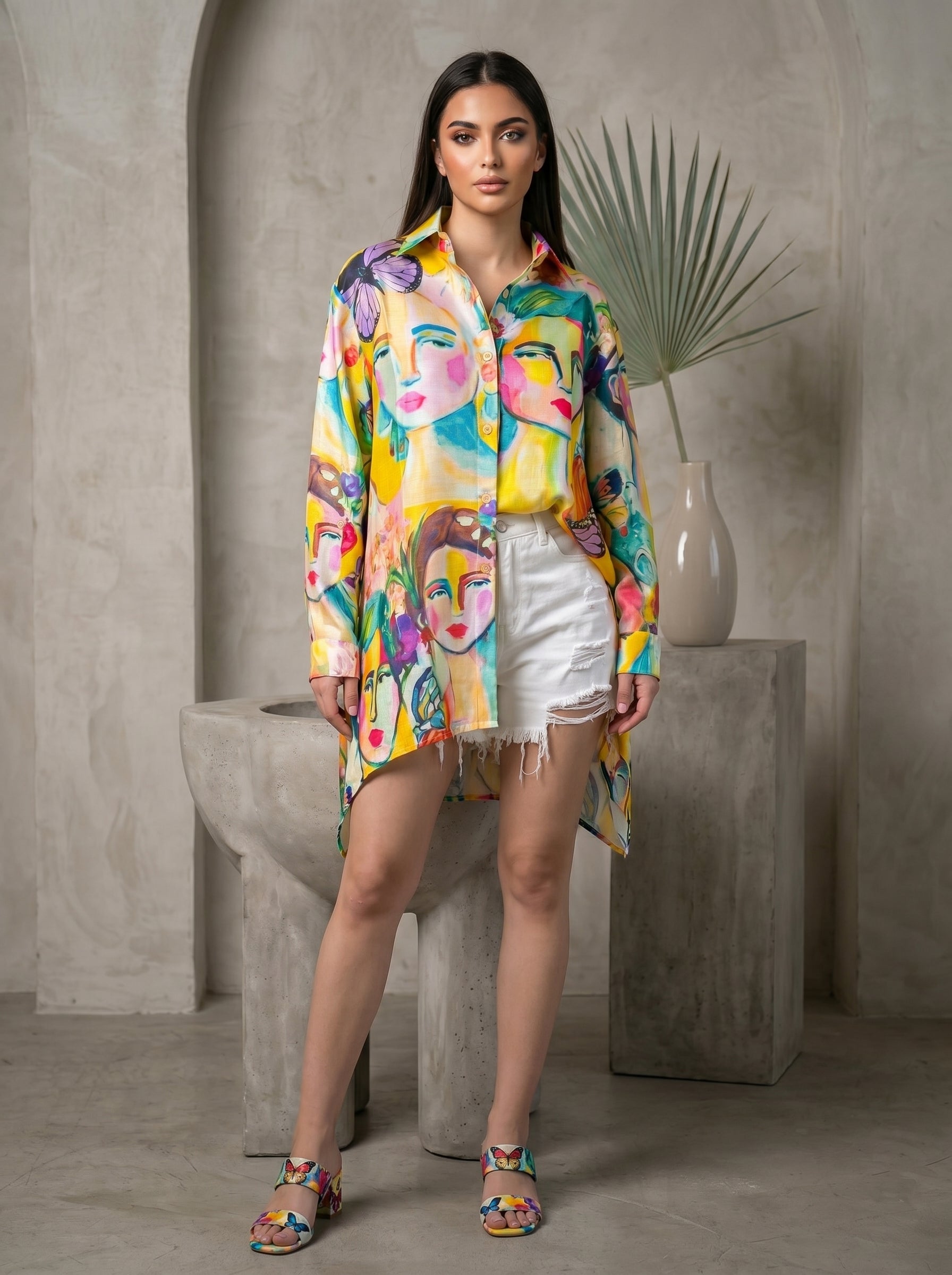 Yellow Multicolor Artistic High low Casual Summer Shirt for Women