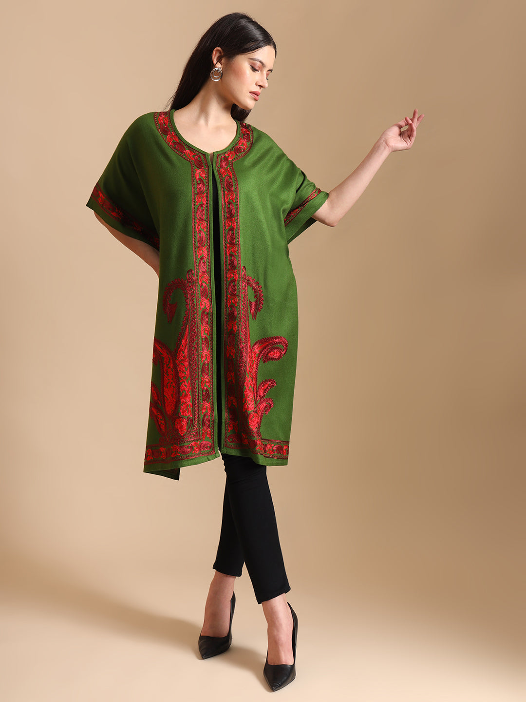 Kashmiri Embroidery Green Pheran Shrug