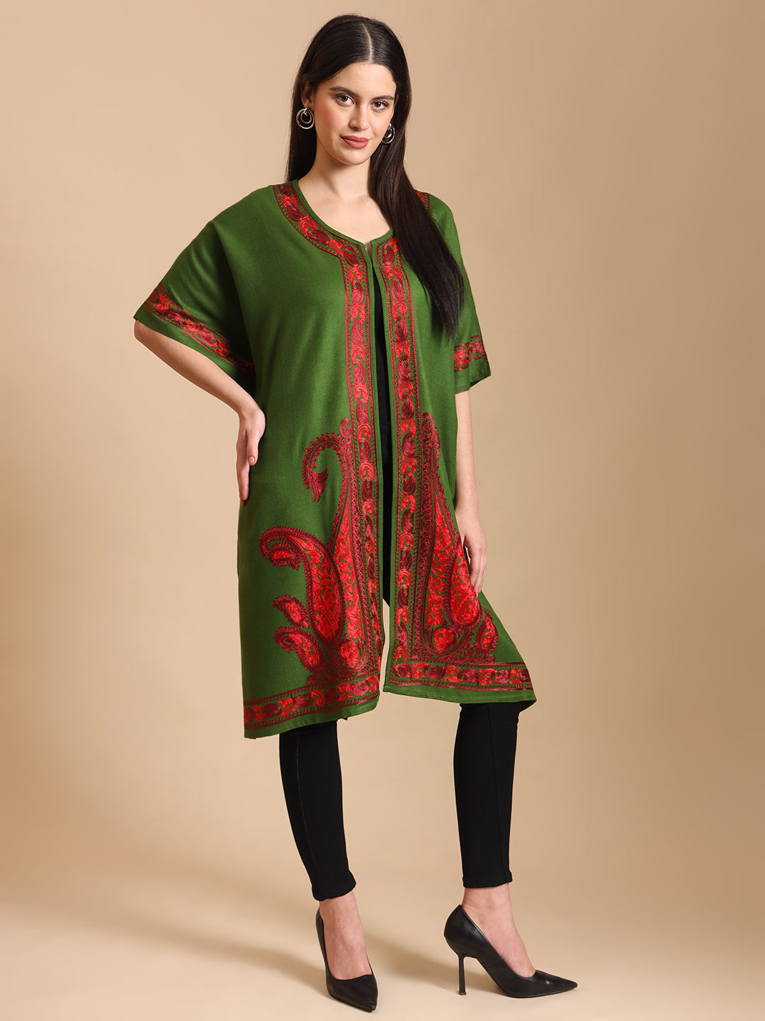 Kashmiri Embroidery Green Pheran Shrug