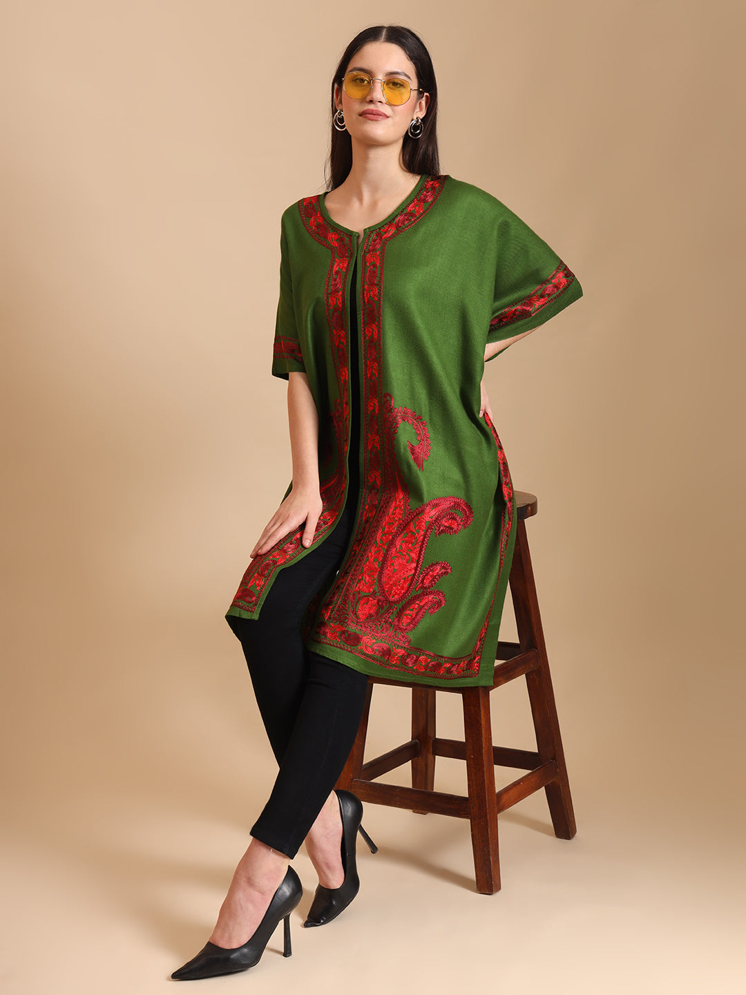 Kashmiri Embroidery Green Pheran Shrug