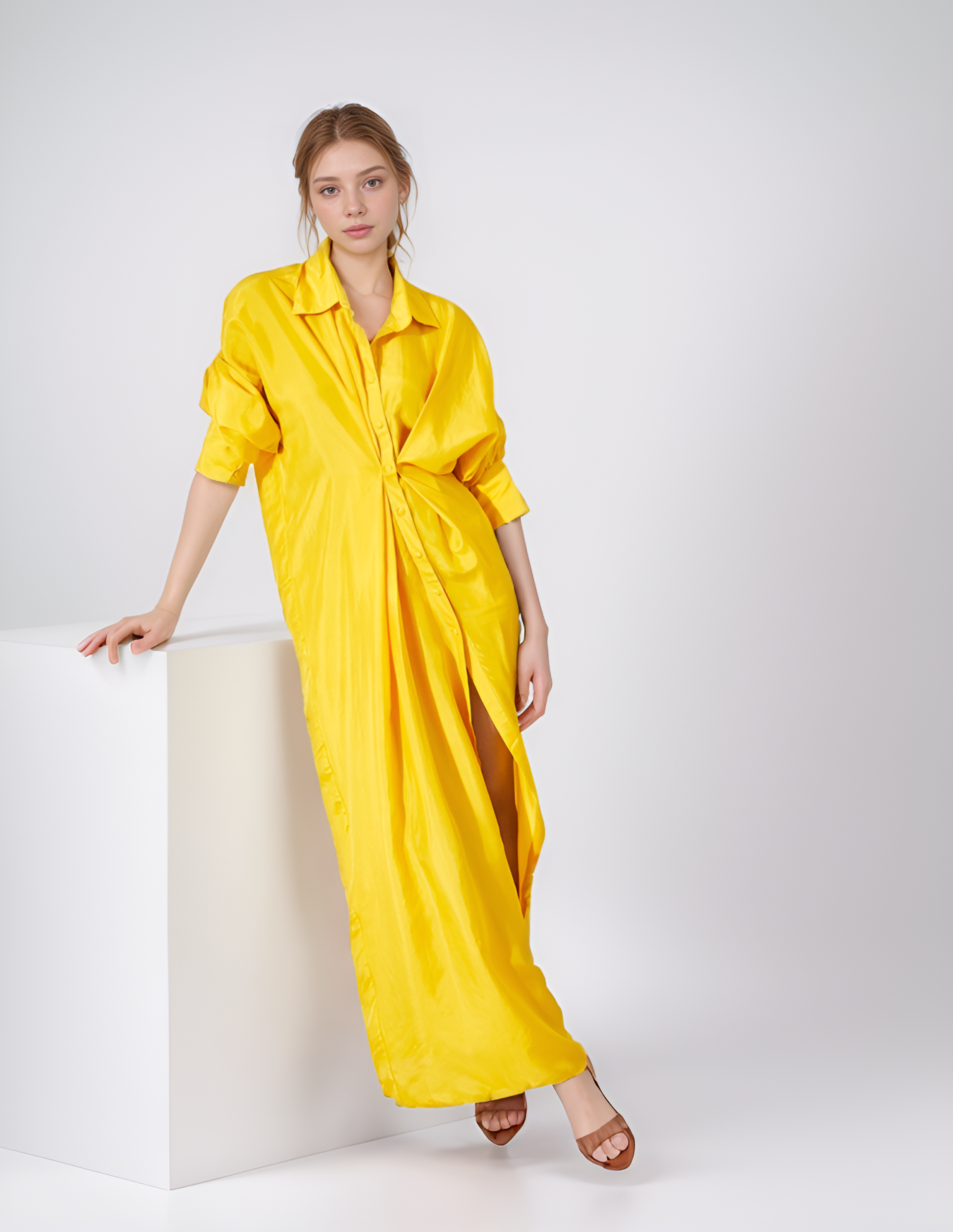 Yellow High Slit Button Dress