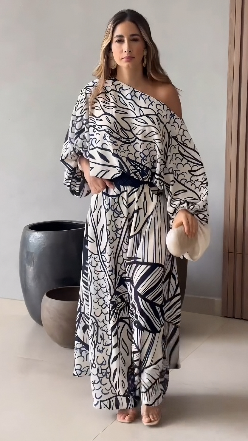 PIAAH Stylish Leaf-Patterned Blue Printed Off-Shoulder Korean BSY Co-ord Set