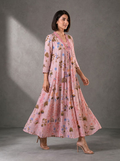 Blush Pink Floral Printed Cotton Maxi Dress for Women