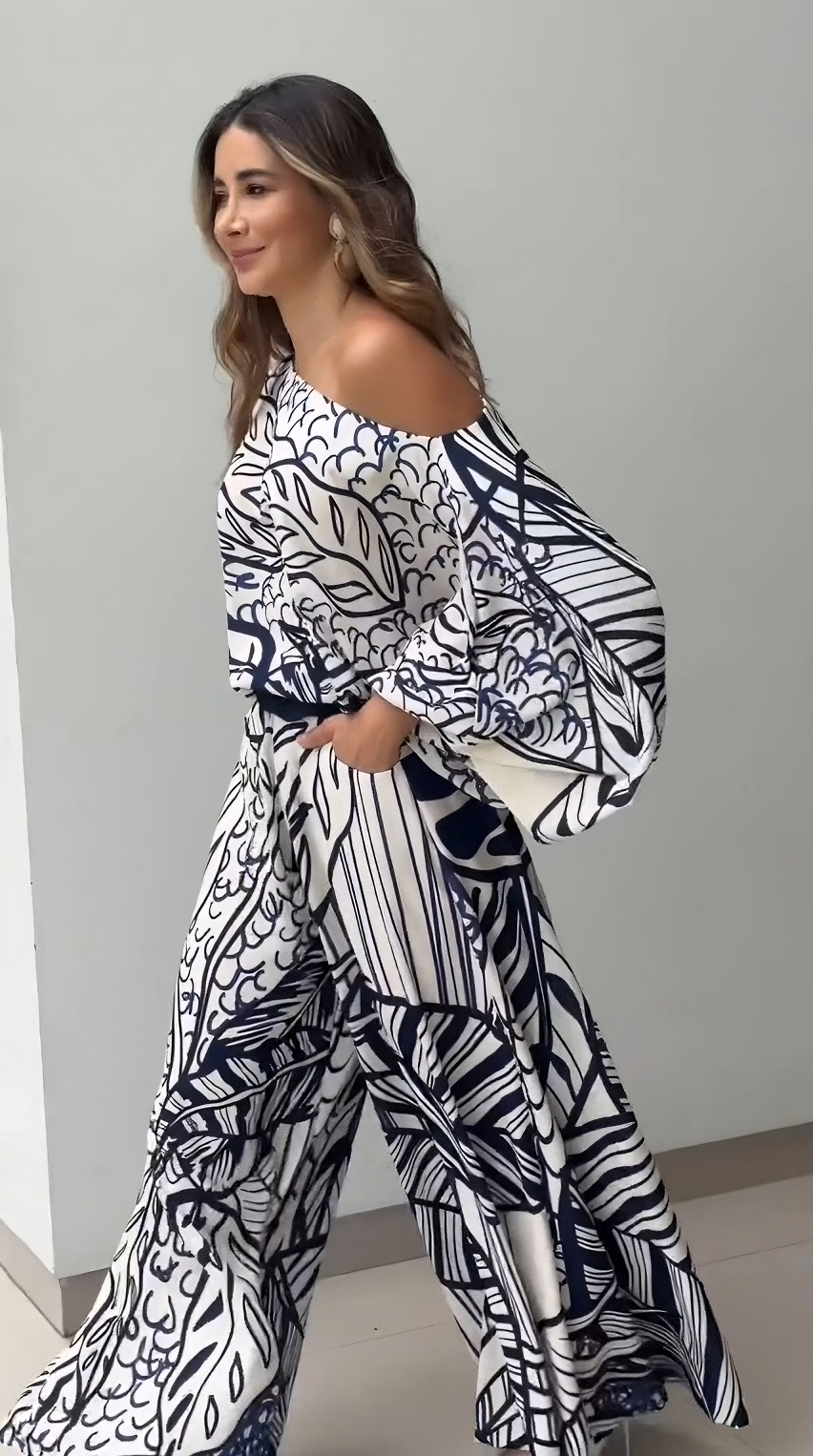 PIAAH Stylish Leaf-Patterned Blue Printed Off-Shoulder Korean BSY Co-ord Set