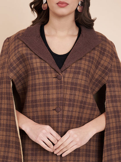 Woven Checks Stylish Cape Jacket for Women | Dark Brown