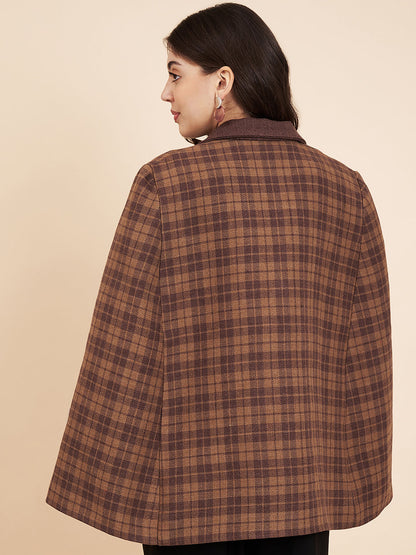 Woven Checks Stylish Cape Jacket for Women | Dark Brown