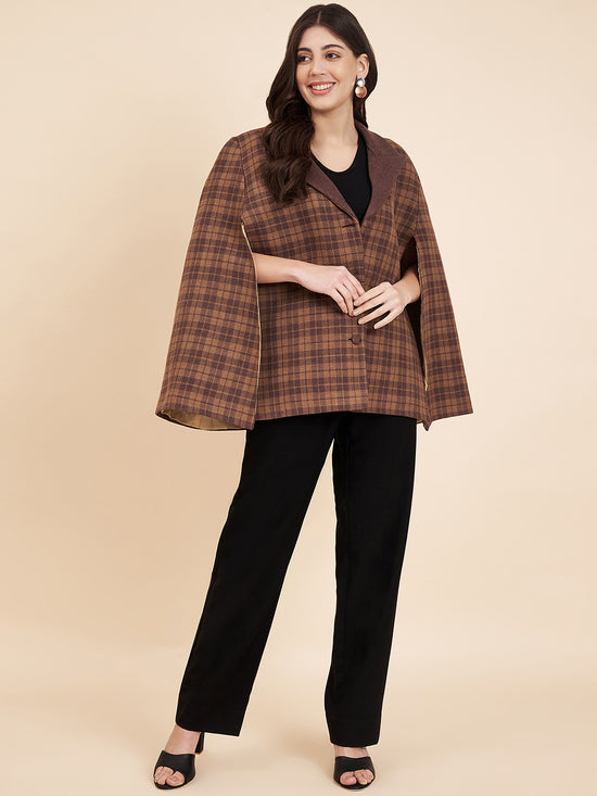 Woven Checks Stylish Cape Jacket for Women | Dark Brown