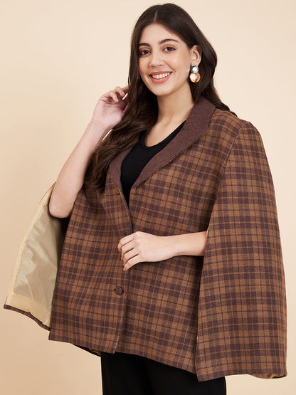 Woven Checks Stylish Cape Jacket for Women | Dark Brown