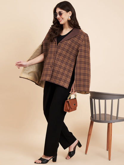 Woven Checks Stylish Cape Jacket for Women | Dark Brown