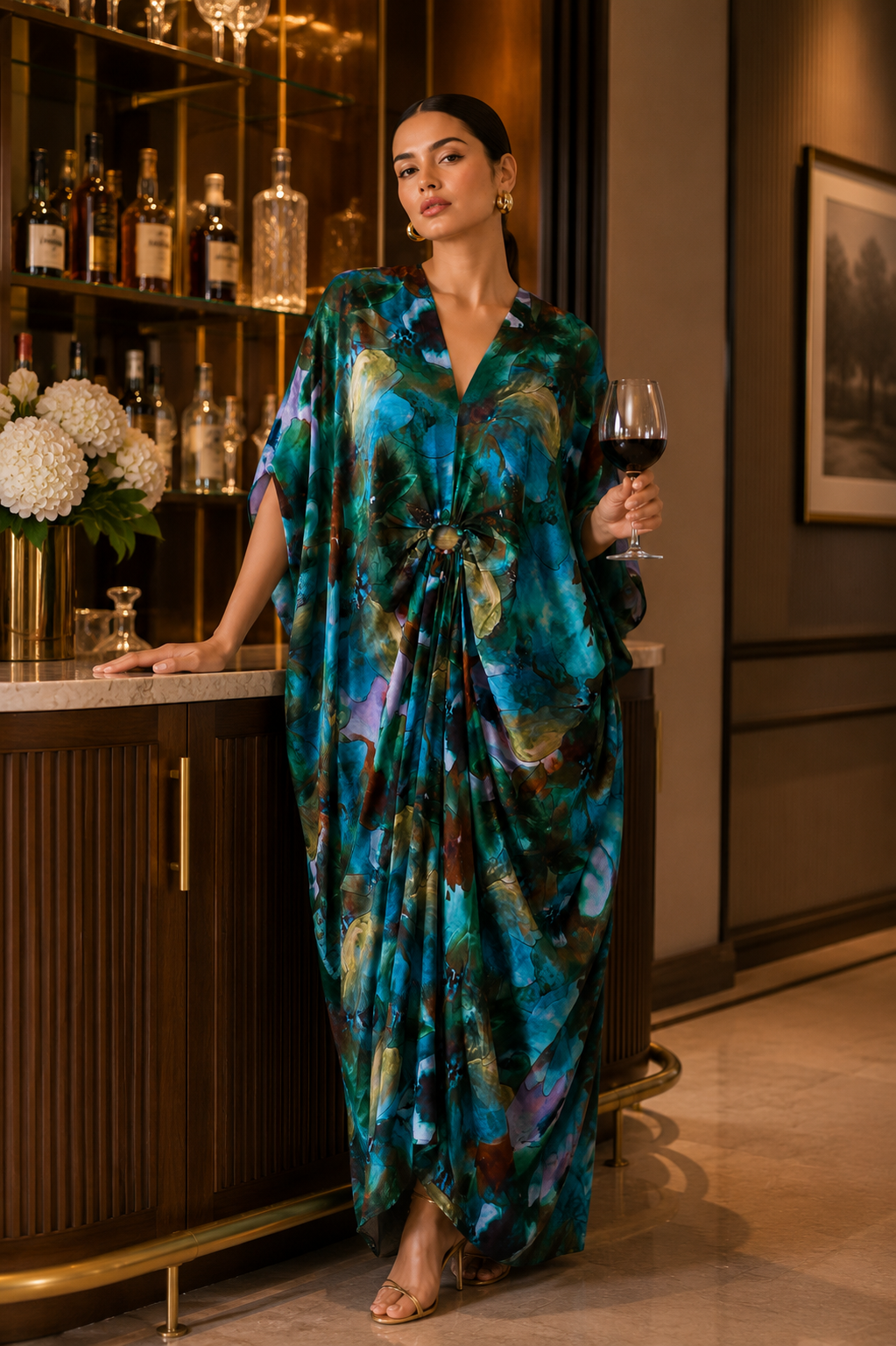 Emerald Bloom Printed Kaftan Maxi Dress with Ring Detail