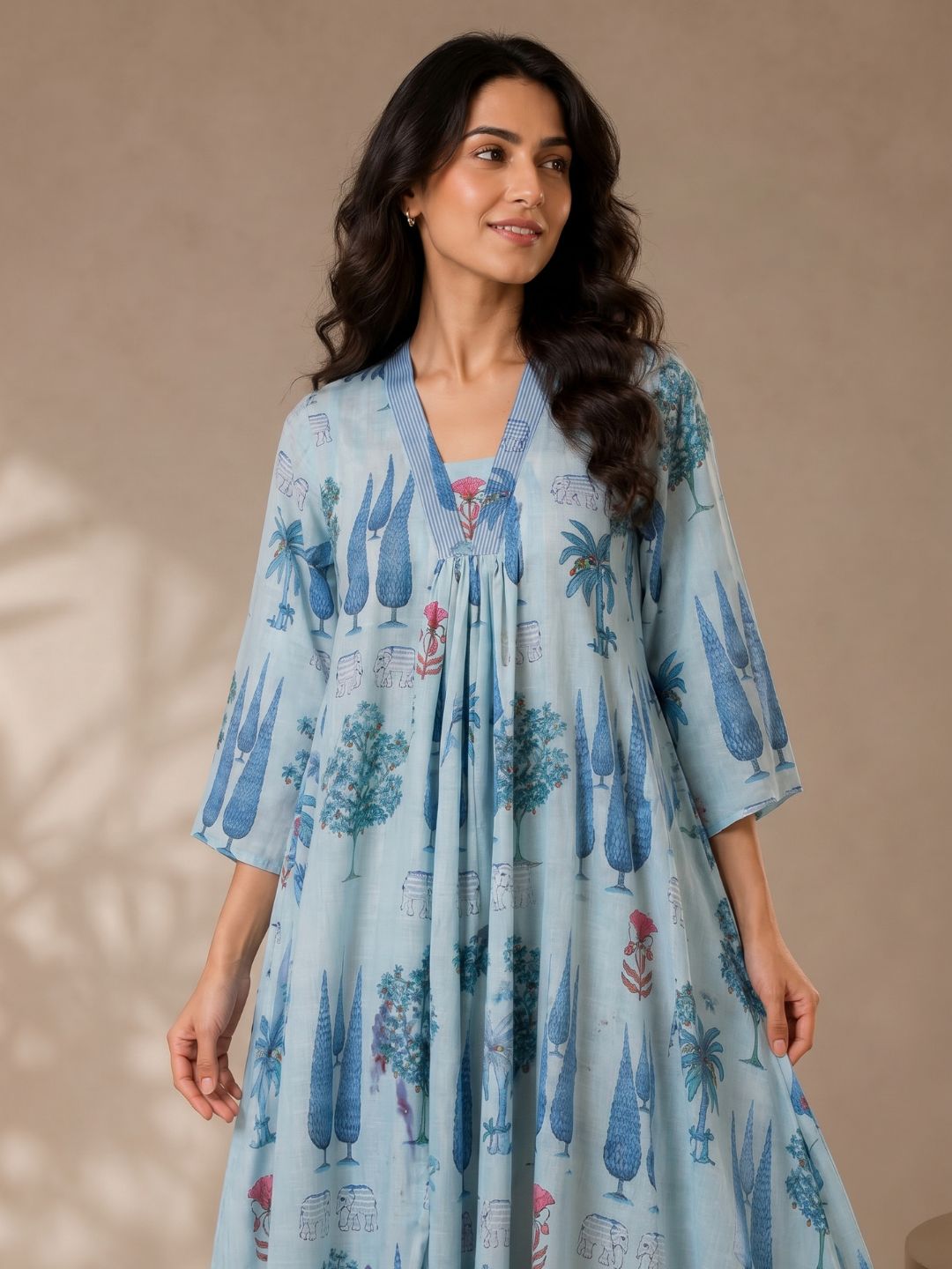 Sky Blue Scenic Printed Cotton Maxi Dress for Women