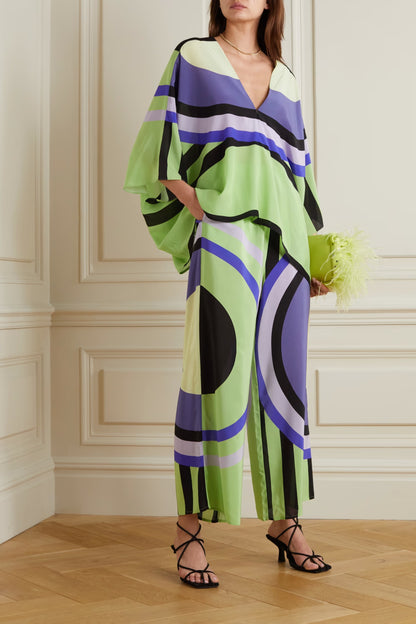 Silk Crepe Geometric Print Belted Kaftan