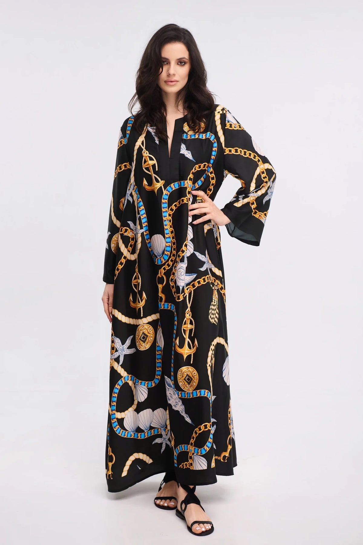 Black Nautical Chain Print Maxi Kaftan Dress