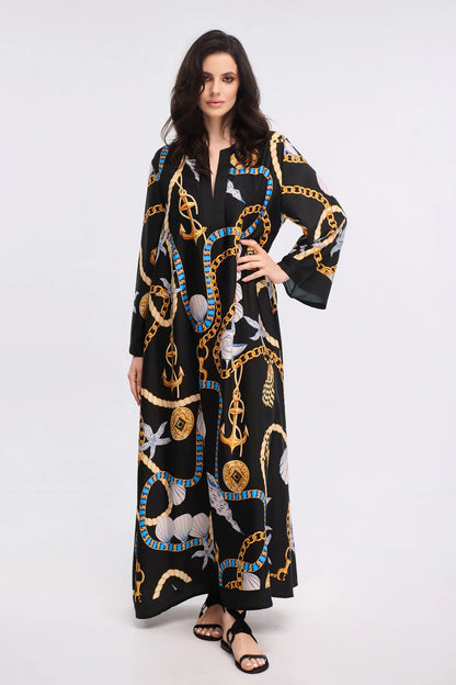 Black Nautical Chain Print Maxi Kaftan Dress
