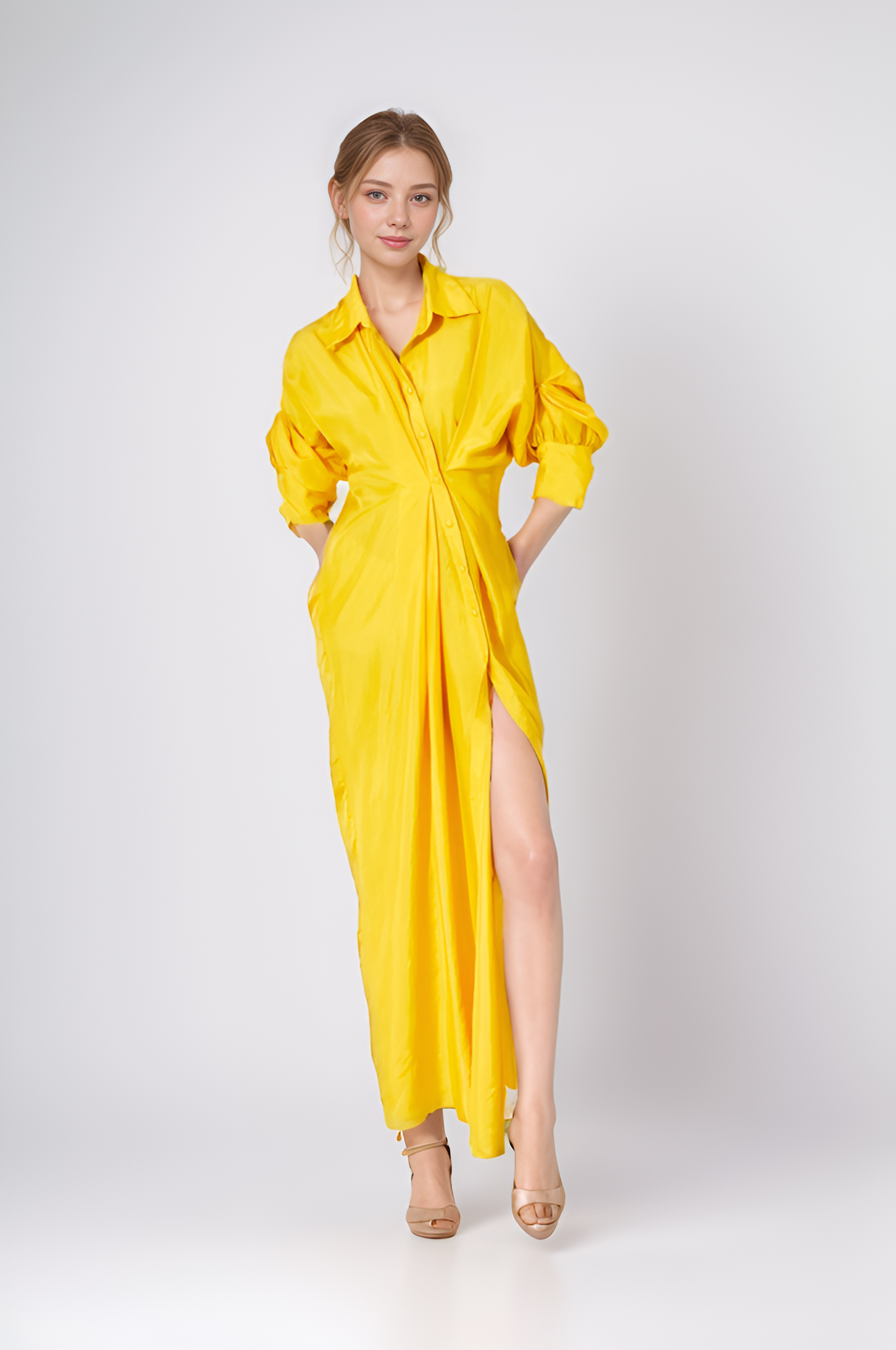 Yellow High Slit Button Dress