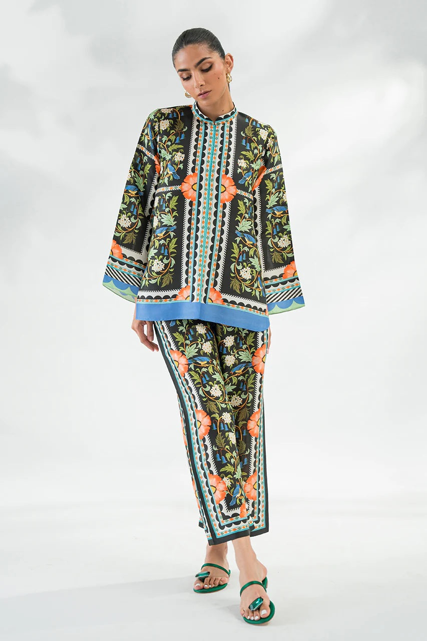 Floral Paisley Print Co-Ord Set – Mandarin Collar Kurta &amp; Pants with Blue Border