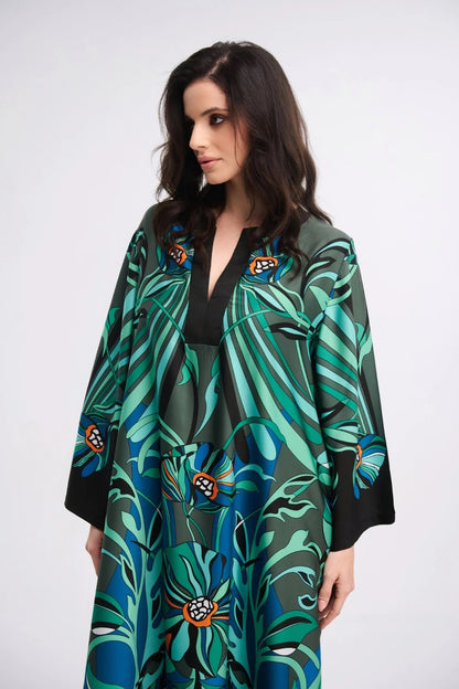 Tropical Floral Print Maxi Kaftan Dress – Green &amp; Blue V-Neck Flowy Gown