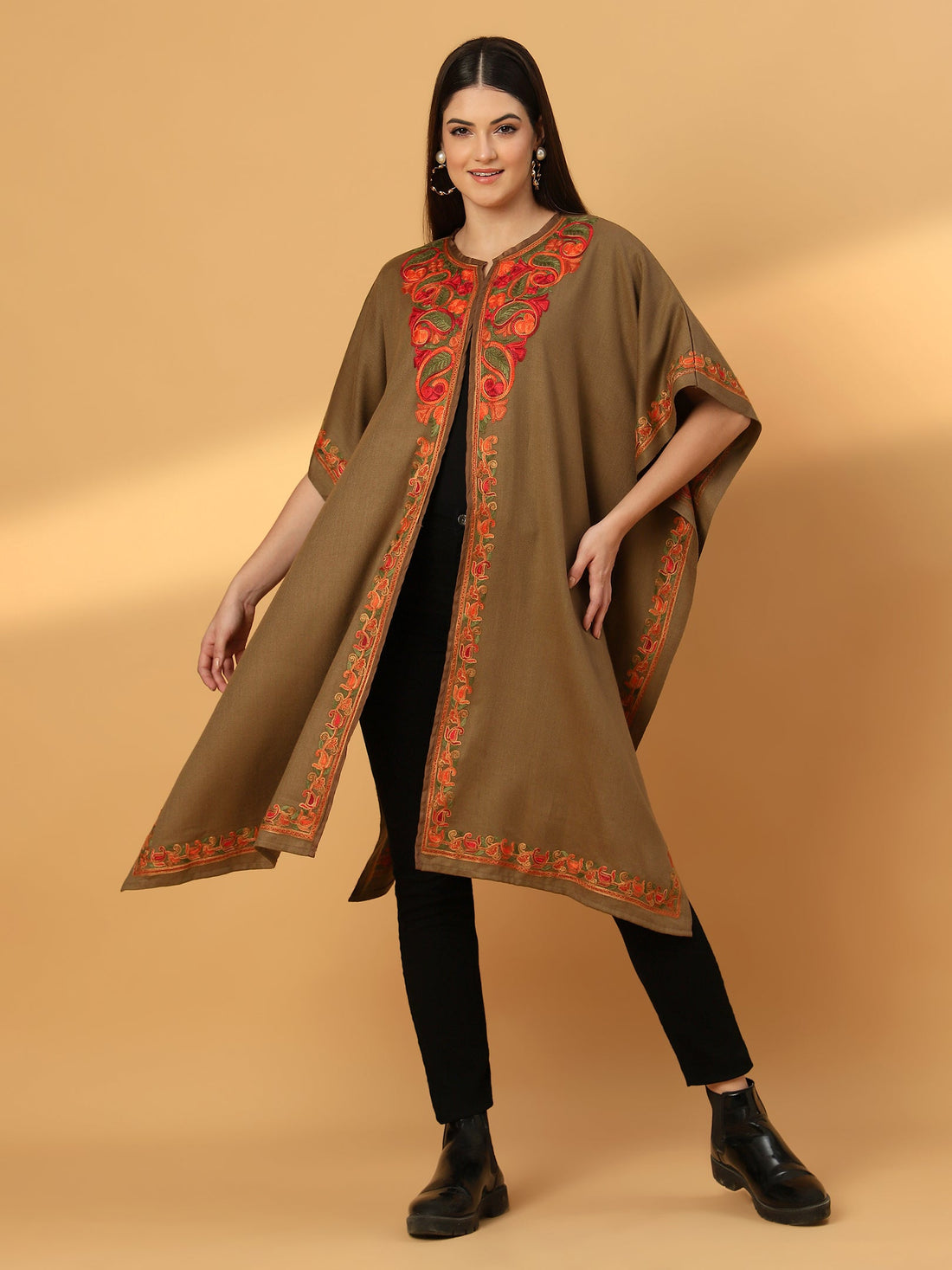 Kashmiri Embroidery Brown Pheran Shrug