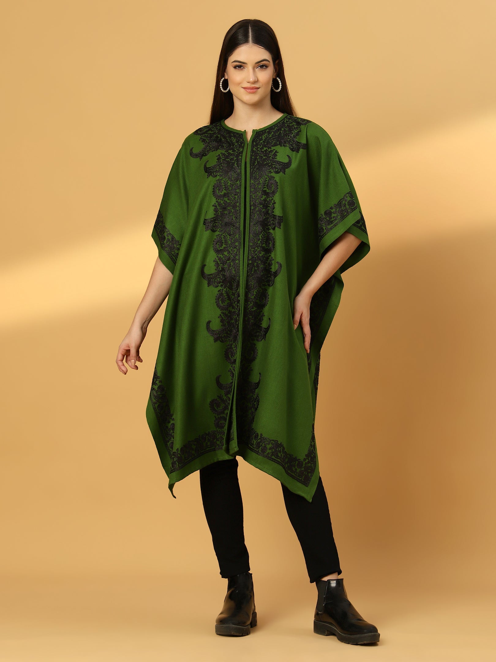 Floral Embroidery Green Pheran Shrug