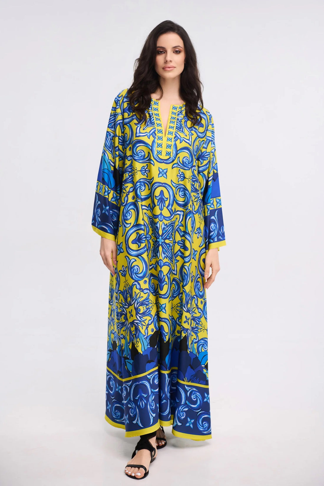 Yellow Blue Majolica Print Maxi Kaftan Dress – V-Neck Bell Sleeve Gown