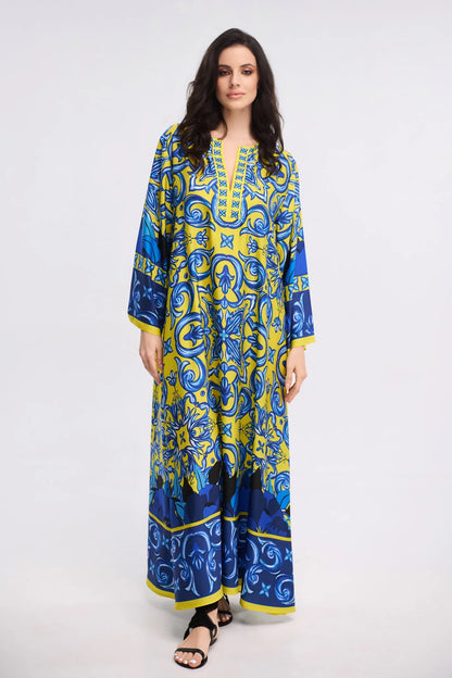 Yellow Blue Majolica Print Maxi Kaftan Dress – V-Neck Bell Sleeve Gown