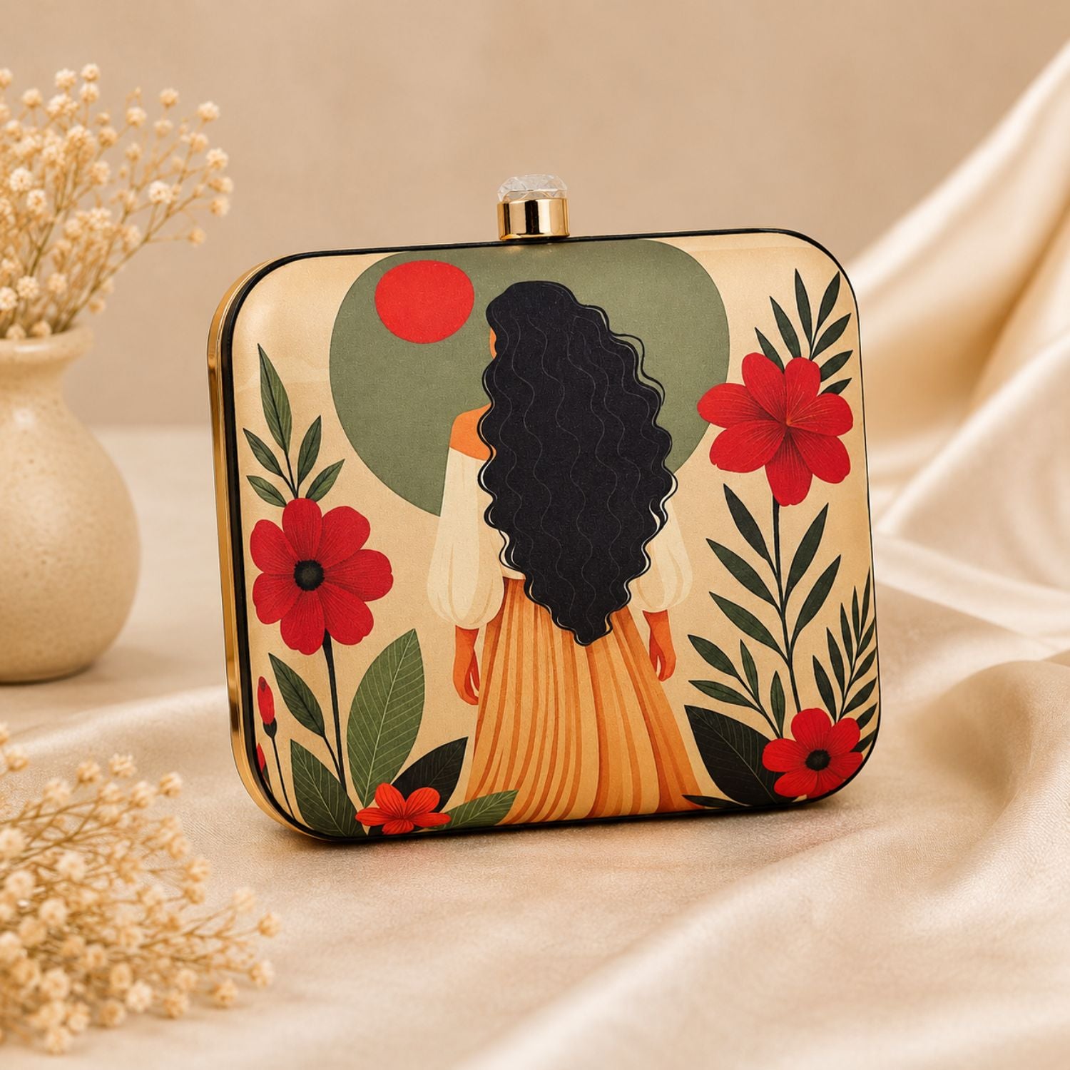 Floral Woman Printed Vanity Clutch with 2 × 15ml Fragrance Gift Set