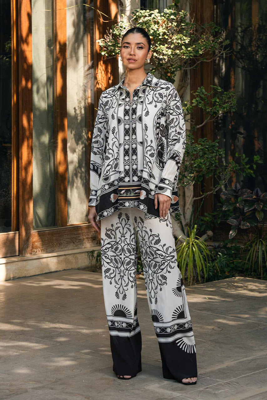 Monochrome Botanical Print Co-Ord Set – Collared Shirt &amp; Wide-Leg Pants
