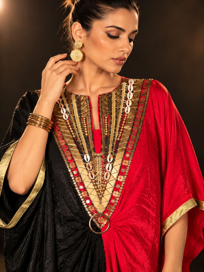 Black &amp; Red Dual Color Panel Embellished Nova Silk Kaftan